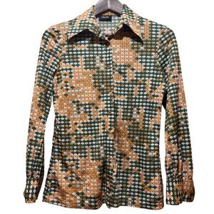 Vintage Bleyle 70s Geometric Fan Print Button Down Retro Green Orange Germany